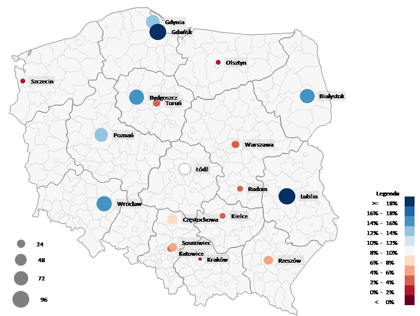 Mapa Polski Excel - Jak przedstawić na mapie oddziałów jednocześnie dwie zmienne - sprzedaż i zysk 4