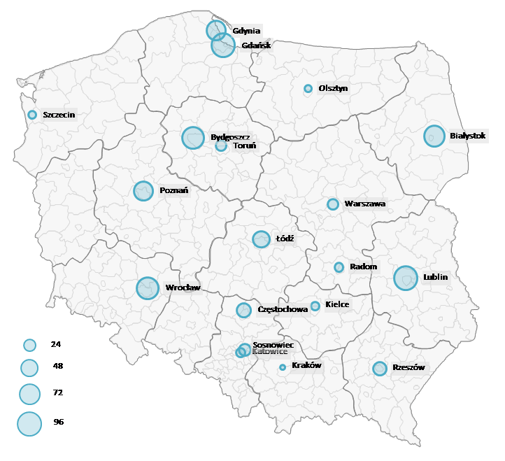 Mapa Polski Excel - Jak zwizualizować dane po miastach (oddziałach) za pomocą wykresu bąbelkowego 6