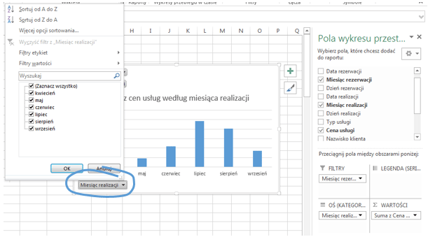 Wykres przestawny w Excelu 2013- Kontrolki filtrowania